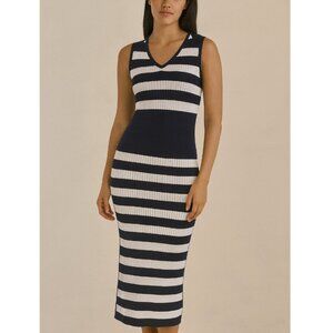 Gabrielle Union New York Co White Navy Striped Maxi Dress Ribbed V Neck Nautical